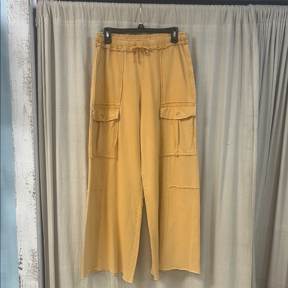 Easel Mineral Washed Terry Knit Mustard Yellow Cargo Pants